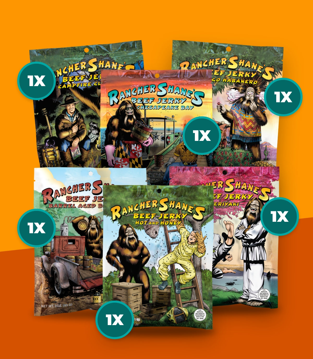 All 6 flavors of Rancher Shane's All-Natural Beef Jerky