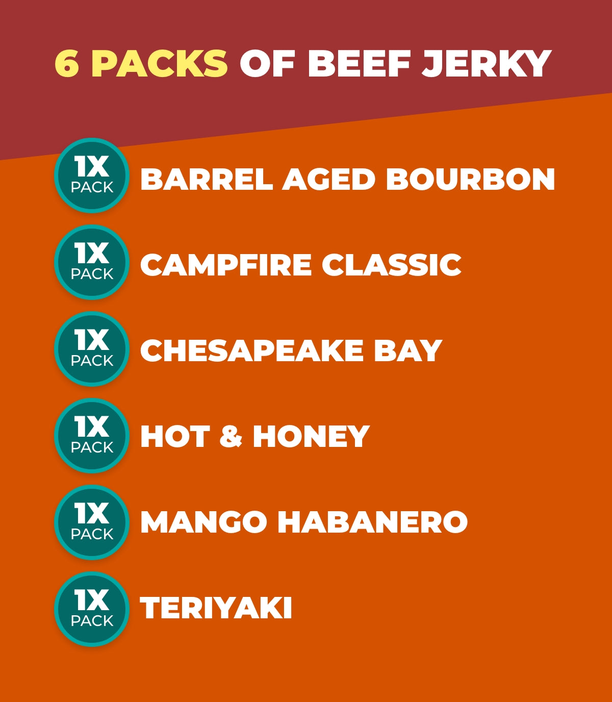 6 packs of Beef Jerky, 1x Barrel Aged Bourbon, 1x Campfire Classic, 1x Chesapeake Bay, 1x Hot & Honey, 1x Mango Habanero, 1x Teriyaki