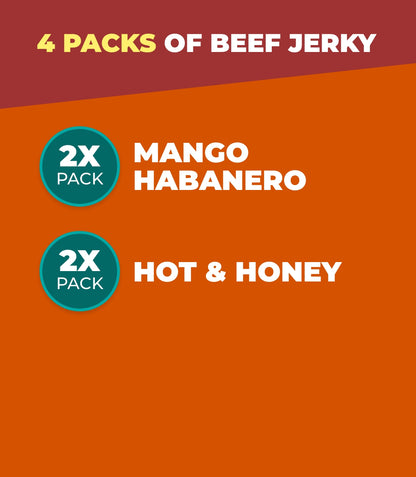 4 Beef Jerky packs - 2x Mango Habanero, 2x Hot & Honey