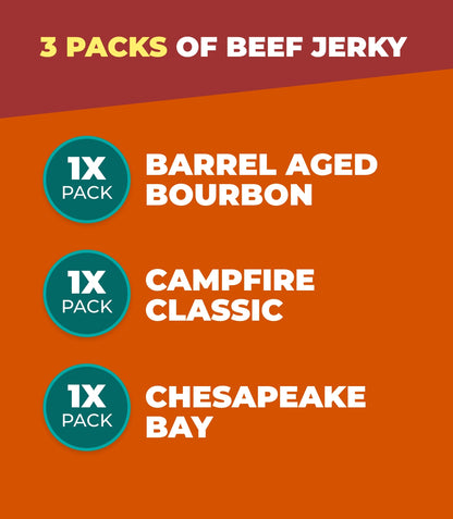 3 Beef Jerky packs - 1x Barrel Aged Bourbon, 1x Campfire Classic, 1x Chesapeake Bay
